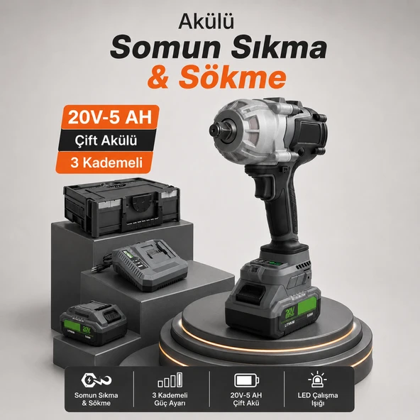 Akülü Somun Sıkma Sökme Makinesi 1000 Nm 20V 5 Ah Çift Akülü Kömürsüz Motor 1/2 Lokma Girişli ürün görseli 1