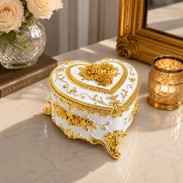 Kalp Şeklinde Mücevher Kutusu Gold İşlemeli Kristal Taşlı Takı Kutusu  6x9 cm  5 Renk Seçeneği ürün görseli 1