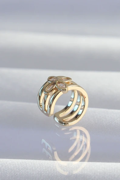 Pirinç Gold Renk Yonca Earcuff Küpe - Resim 2