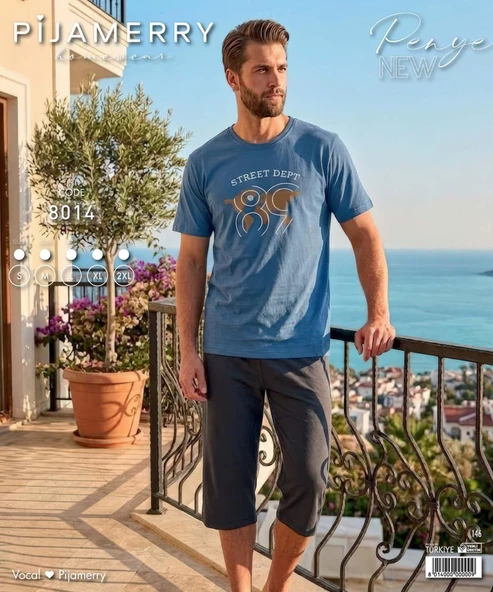 Pijamerry Erkek Bisiklet Yaka Kısa Kol Kapri Pijama Takımı 8014 - 1 Adet  2XL Mavi ürün görseli 1