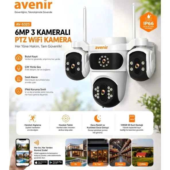 Avenir AV-S323 6mp 3 Kameralı Wifi Kamera ürün görseli 1