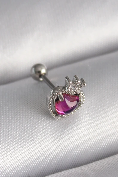 316L Çelik Gümüş Renk Pembe Mineli Zirkon Taş Detaylı Taç Tragus Piercing ürün görseli 1