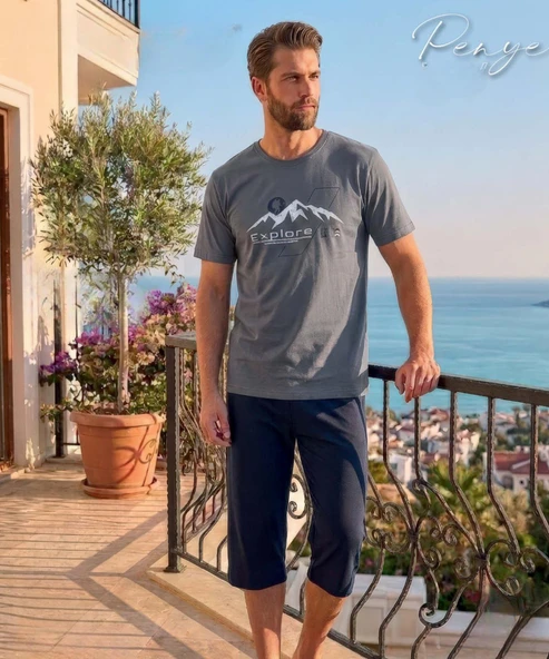 Pijamerry Erkek Bisiklet Yaka Kısa Kol Kapri Pijama Takımı 8009 - 1 Adet  2XL Antrasit ürün görseli 1