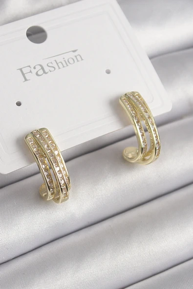 Pirinç Gold Renk Zirkon Taşlı Yarım Halka Model Kadın Küpe ürün görseli 1
