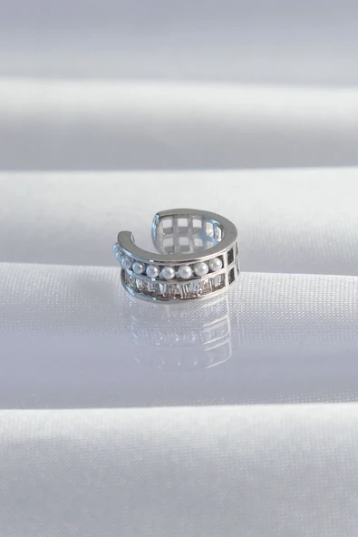 Pirinç Gümüş Renk İncili Baget Taşlı Earcuff Küpe ürün görseli 1