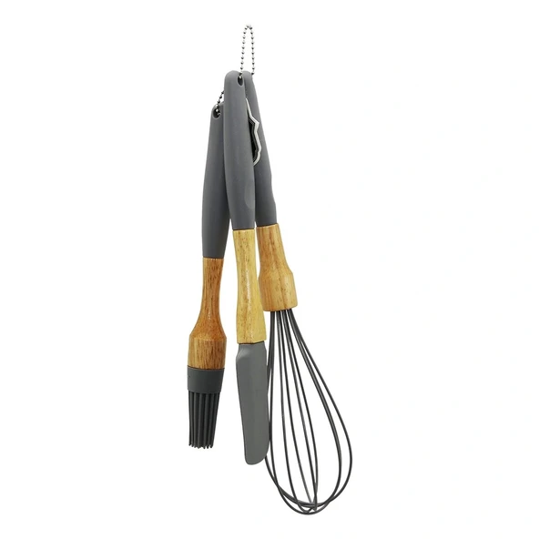3 Pcs Si̇li̇kon Çirpici - Firça - Spatula Seti̇ Ahşap Bambu Sap - Si̇li̇kon Kilifli (5047) ürün görseli 1
