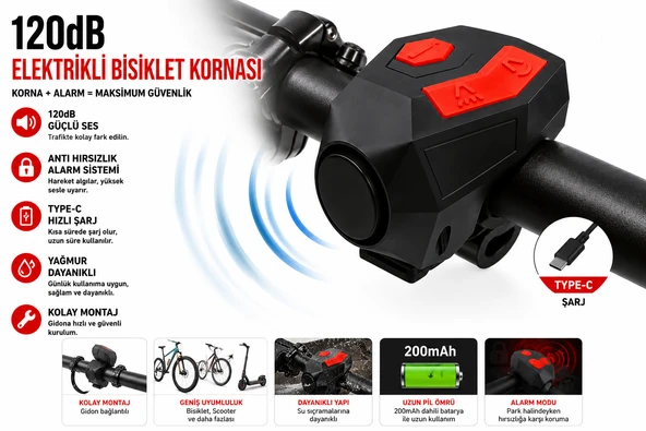 120 dB USB Type-C Şarjlı Bisiklet Kornası Alarm Zili Anti Hırsızlık Elektrikli Korna Scooter Motosiklet Bisiklet Zili Güçlü Sesli ürün görseli 1