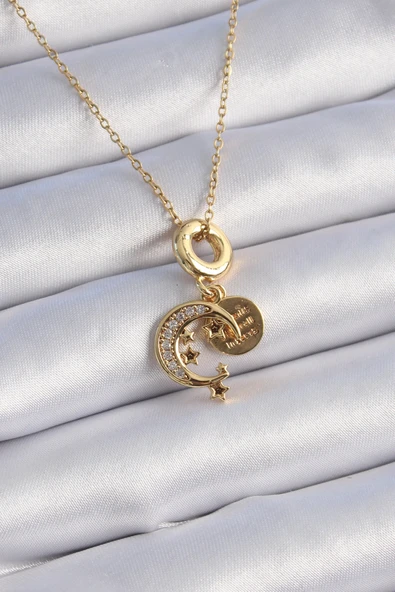 316L Çelik Gold Renk Zirkon Taşlı Ay Yıldız Model Charm Model Kadın Kolye ürün görseli 1