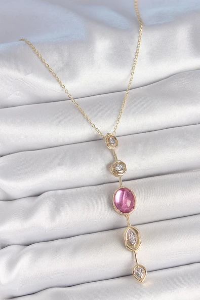 Pirinç Zincir Gold Renk Pembe Zirkon Taşlı Y Kolye ürün görseli 1