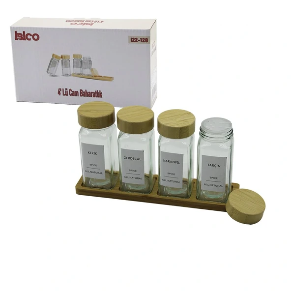 4Pcs Bambu Kapakli Cam Tuzluk - Bi̇berli̇k - Baharatlik 120Ml (5047) ürün görseli 1
