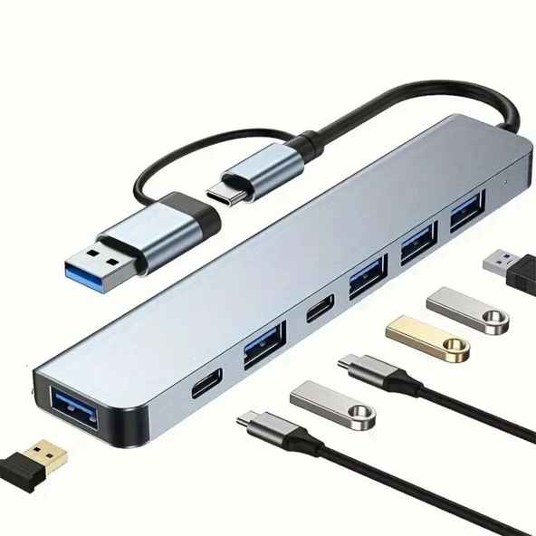 8 In 1 Usb Çevirici Notebook Macbook Type-C Uyumlu Görüntü Aktarıcı Hub (5047) ürün görseli 1