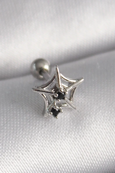 316L Çelik Gümüş Renk Siyah Zirkon Taş Detay Örümcek Ağ Model Tragus Piercing ürün görseli 1