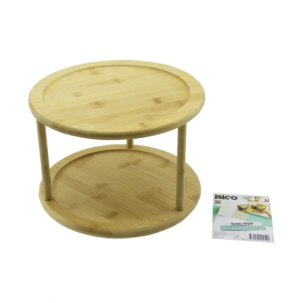 2 Katli Yuvarlak=24.5Cm Döner Tablali Ahşap Bambu Sunum Tepsi̇si̇ - Mi̇ni̇ Sofra (5047) ürün görseli 1