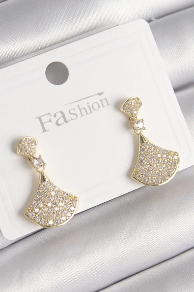 Pirinç Gold Renk Zirkon Taşlı Motif Model Kadın Küpe ürün görseli 1