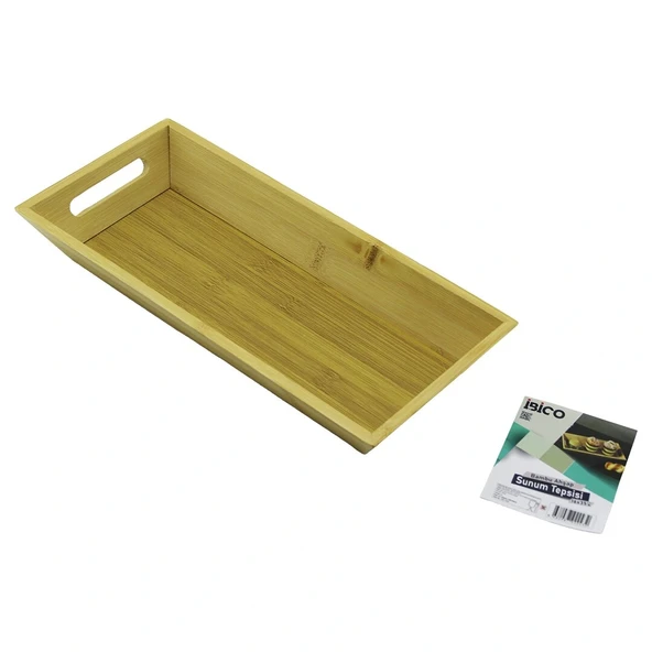 Di̇kdörtgen=16X35Cm Deri̇n=4.5Cm Ahşap Bambu Sunum Tepsi̇si̇ Çi̇ft Oyma Kulplu (5047) ürün görseli 1