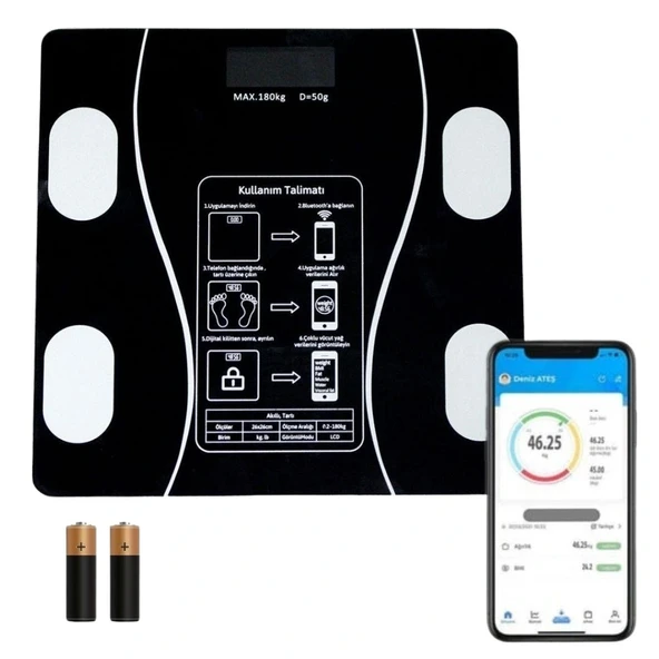 Dijital Baskül Ölçer Fonksiyonlu Akıllı Baskül Bluetooth Bağlantılı Tartı (5047) ürün görseli 1