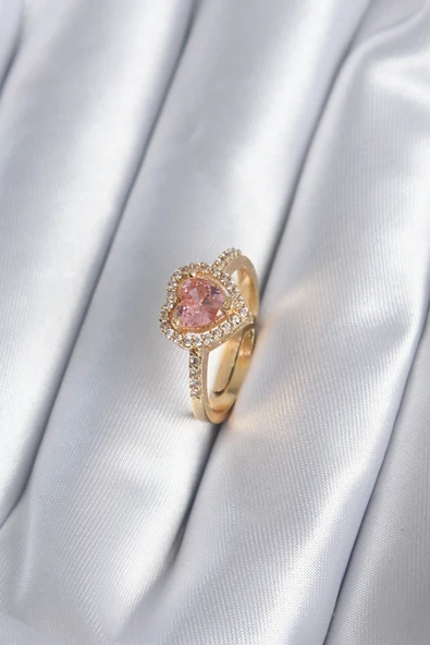 Pirinç Gold Renk Pembe Zirkon Taş Charm Model Kadın Yüzük ürün görseli 1
