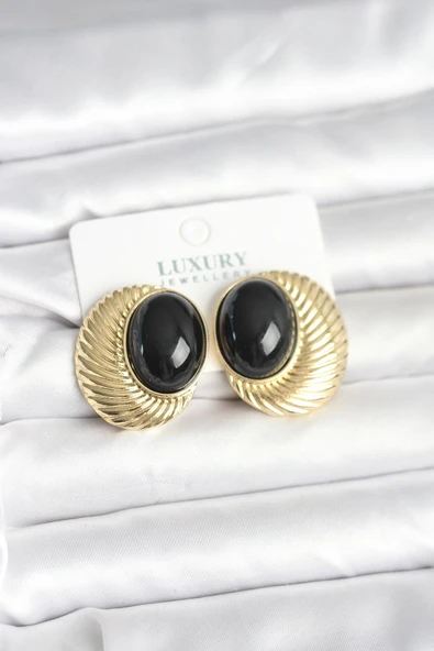 Pirinç Gold Renk Siyah Boncuklu Oval Kadın Küpe ürün görseli 1