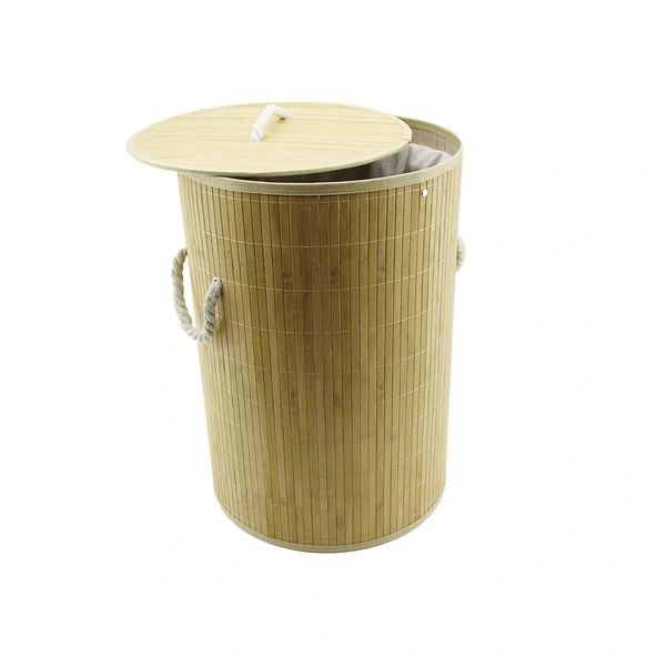 Yuvarlak Bambu Ahşap Ki̇rli̇ Çamaşir Sepeti̇ 35X60Cm Seyyar Kapakli İçi̇ Bezli̇ İp Kulplu (5047) ürün görseli 1