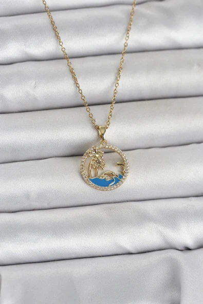 316L Çelik Zincir Gold Renk Zirkon Taşlı Deniz Temalı Kadın Kolye ürün görseli 1