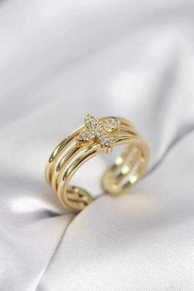 Gold Renk Zirkon Taşlı Yonca Model Kadın Yüzük ürün görseli 1