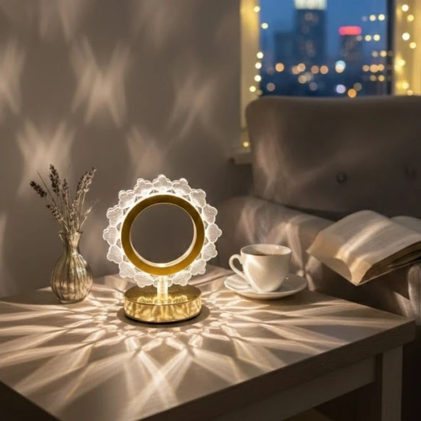 Güneş Şeklinde Kristal Led Masa Lambası – Dokunmatik, 3 Renk Işık Modlu, Şarjlı Mini Dekoratif Gece Lambası (5047) ürün görseli 1