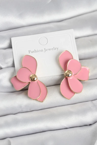 Pembe Mineli Lotus Model Pirinç Kadın Küpe ürün görseli 1