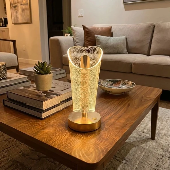 Silindirik Kristal Damla Model Led Masa Lambası – Gold Tabanlı, Dokunmatik, 3 Renk Işık Modlu, Şarjlı Dekoratif Gece Lambası (5047) ürün görseli 1