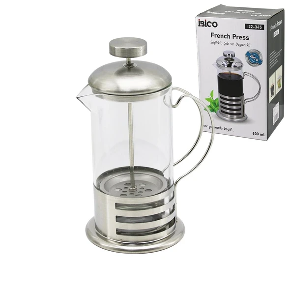 French Press Metal Kafes - Metal Kapak 600Ml Cam Bi̇tki̇ Süzgeçi̇ (5047) ürün görseli 1