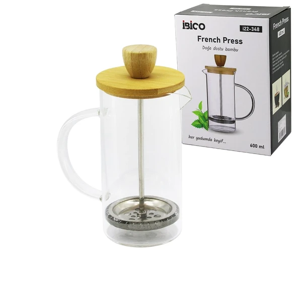 French Press Bambu Kapak 600Ml Cam Bi̇tki̇ Süzgeçi̇ (5047) ürün görseli 1