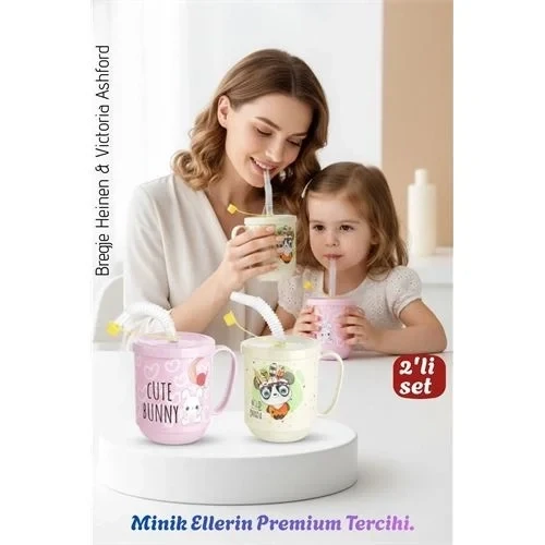 2'Li Set | Pipetli Kupa Kulplu Çocuk Bardağı - Anti-Damla Kapaklı - 350 Ml Alıştırma Bardağı 718282 ürün görseli 1