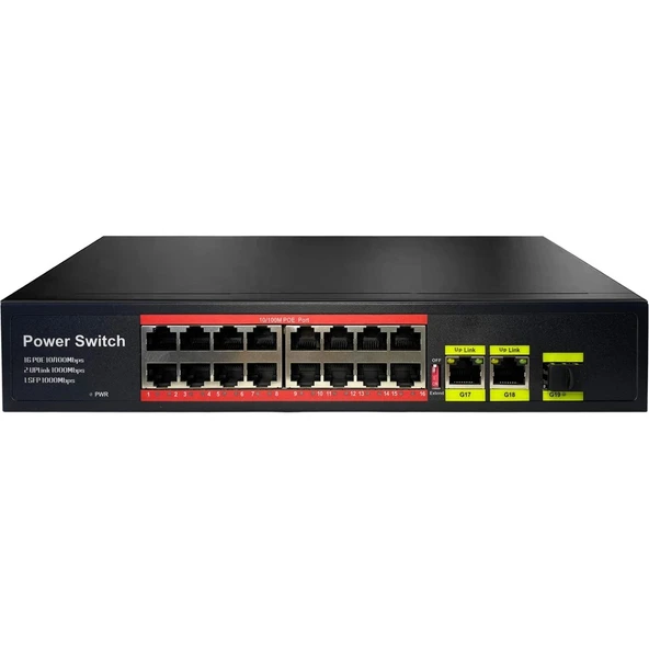 Uranium POE-1621SFP-200W 16 Port 10/100 2xgigabit RJ45 1xsfp Uplink 200W Poe Switch ürün görseli 1