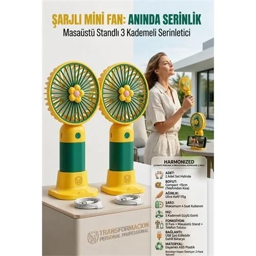 2 Adet Şarjlı Mini El Fanı Taşınabilir Masaüstü Vantilatör 4 Saat 723211 ürün görseli 1