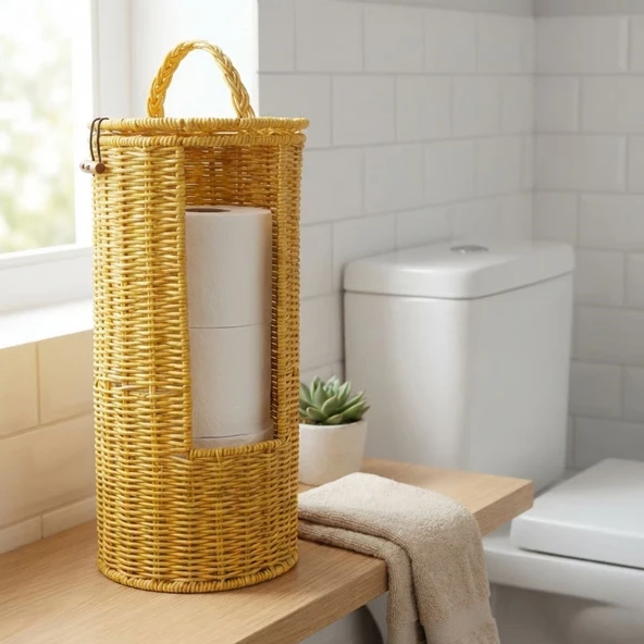 Askılı Plastik Rattan Tuvalet Kâğıdı Standı – Hasır Görünümlü, Kapaklı, Yedekli Wc Kâğıtlık, Banyo Tuvalet İçin Dekoratif Organizer (5047) ürün görseli 1