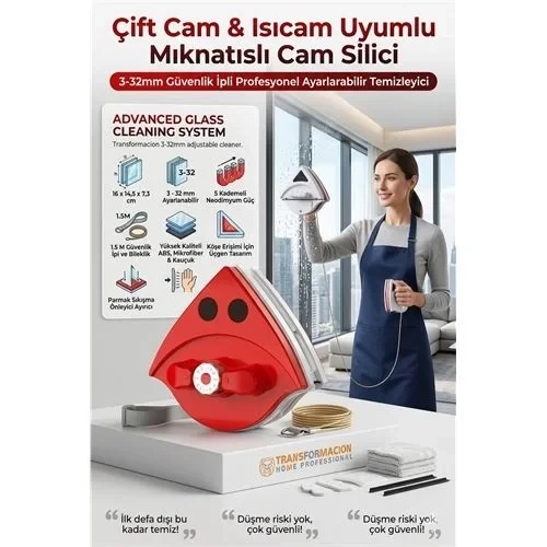 Ayarlanabilir Mıknatıslı Cam Silici, 3-32Mm Çift Cam & Isıcam Uyumlu Güvenlik İpli Profesyonel Temizleyici 723206 ürün görseli 1