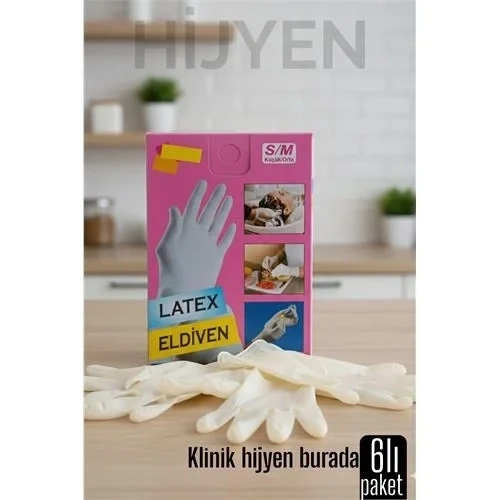 6'Lı Kutulu Latex Eldiven Hijyenik, Esnek Çok Amaçlı Kullanım İçin 722247 ürün görseli 1