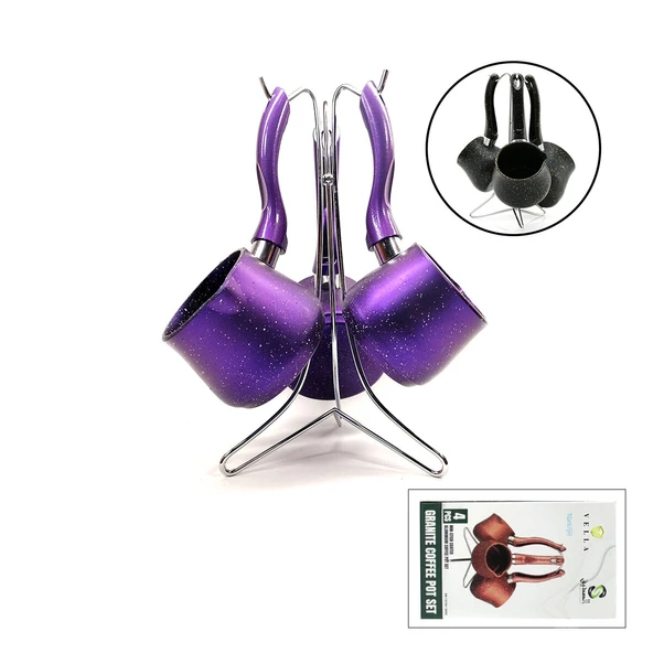 4Pcs 230-280-380Ml Grani̇t - Çeli̇k Cezve Renkli̇ Metal Standli (5047) ürün görseli 1