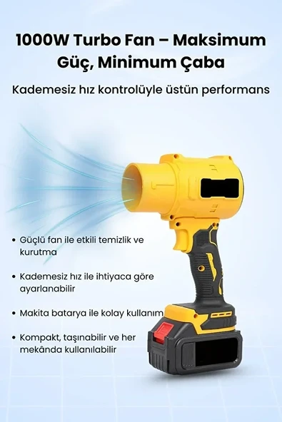 21V Kablosuz Hava Üfleyici | 32.000Rpm Turbo Fan, 12.000Mah Batarya, Bahçe &Amp;Amp; Araç Kurutma / Sarı (5047) ürün görseli 1