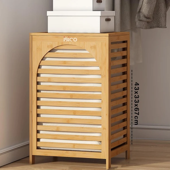 Kalin Ahşap Bambu Ki̇rli̇ Çamaşir Sepeti̇ Kumaş Çantali Sepet=43X33X67Cm (5047) ürün görseli 1