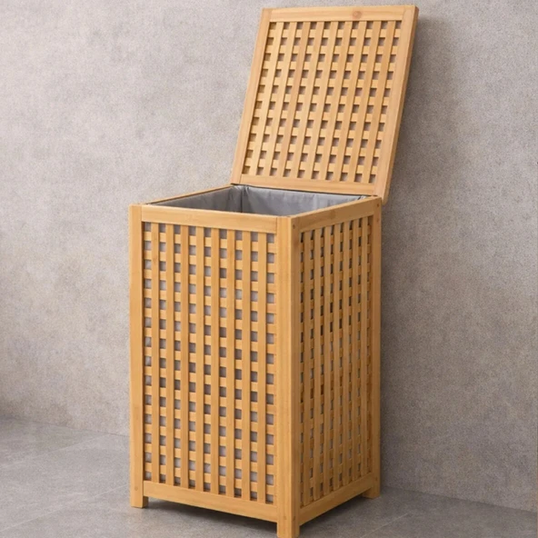 Kalin Ahşap Bambu Ki̇rli̇ Çamaşir Sepeti̇ Kumaş Çantali Sepet=40X40X58Cm (5047) ürün görseli 1