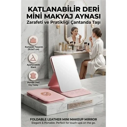 Katlanabilir Stantlı Makyaj Aynası | Pembe Deri Çanta Boyu Mini Ayna 723190 ürün görseli 1