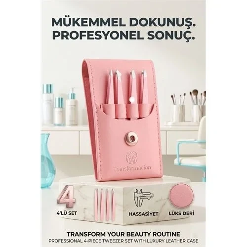 Profesyonel Kaş Alma Cımbız Seti - 4'Lü Paslanmaz Çelik Özel Deri Taşıma Çantalı 723129 ürün görseli 1