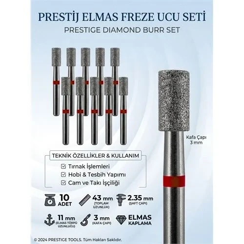 10'Lu Orta Sert Hassas Elmas Freze Ucu - Kuru Manikür, Tırnak, Hobi, Gravür Seti 723103 ürün görseli 1