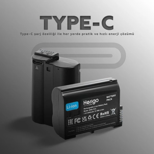Herigo EN-EL15-C 2040mAh Type-C Şarjlı Batarya (EN-EL15 Uyumlu) ürün görseli 1