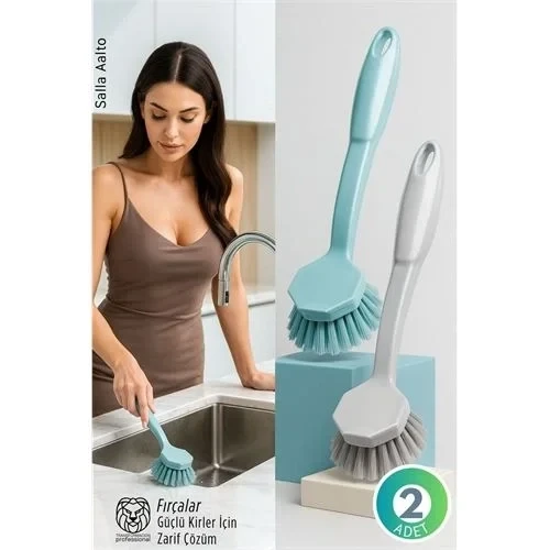 2'Li Mutfak Lavabo Tencere Fırçası Seti - Çizmez Kıl Yapılı Ergonomik Bulaşık Yıkama Fırçası ürün görseli 1