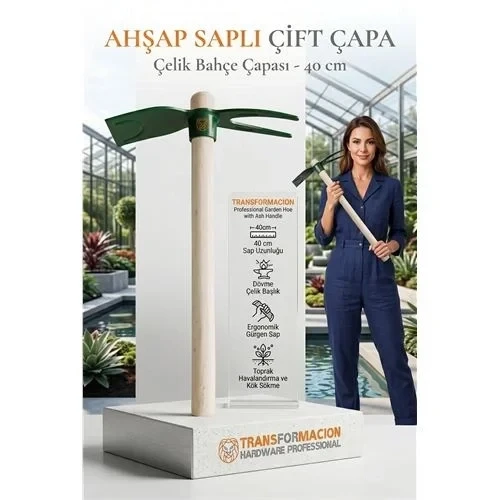 İki Dilli Ahşap Saplı Çatal Çapa, 2'Si 1 Arada Çelik El Çapası, Bahçe Toprak Havalandırma Ot Sökme Aleti ürün görseli 1