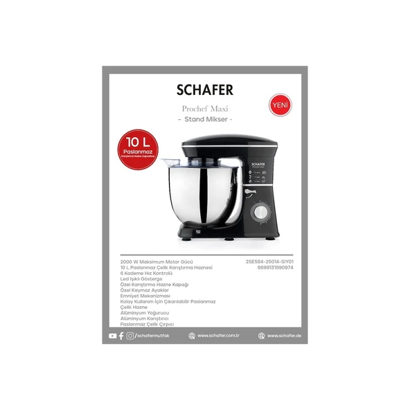 SCHAFER PROCHEF MAXİ STAND MİKSER 10L SİYAH - Resim 2