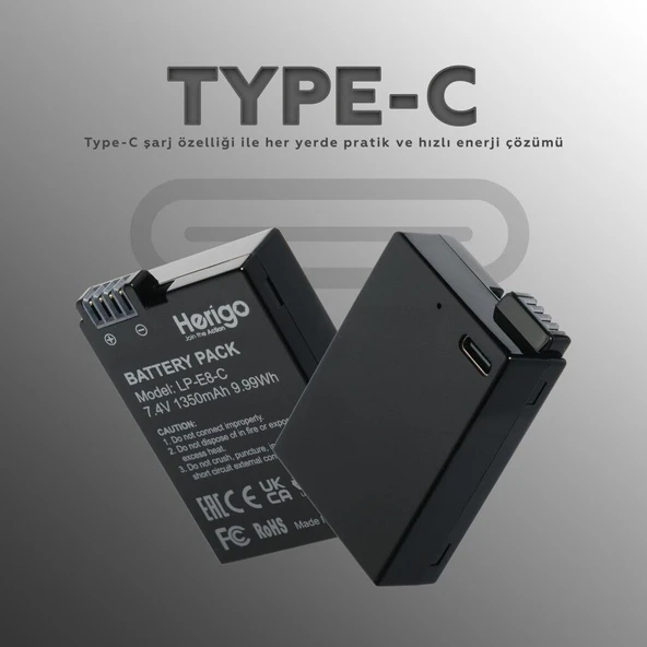 Herigo LP-E8-C 1350mAh Type-C Şarjlı Batarya (LP-E8 Uyumlu) ürün görseli 1