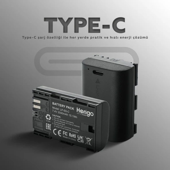 Herigo LP-E6-C 2040mAh Type-C Şarjlı Batarya (LP-E6 Uyumlu) ürün görseli 1