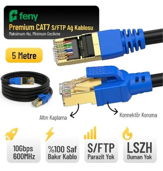 Feny FN-CAT7LS05 10GBPS İnternet 60MHZ 5 Metre CAT7 Gold Patch Kablo (Yanmaz- yüzde 100 Saf Bakır) ürün görseli 1